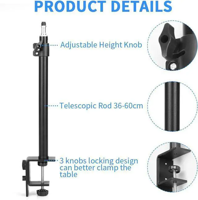 Alt view image 2 of 7 - Desk Mount Stand Camera Desk Mount Stand Adjustable 14-24 inch Table Multi Mount Stand Padded Desk Clamp with Standard 1/4'' Screw Tip for DSLR Camera, Panel Lights, Ring L