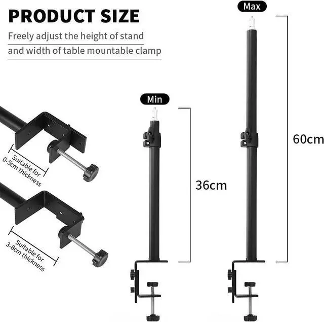 Alt view image 4 of 7 - Desk Mount Stand Camera Desk Mount Stand Adjustable 14-24 inch Table Multi Mount Stand Padded Desk Clamp with Standard 1/4'' Screw Tip for DSLR Camera, Panel Lights, Ring L