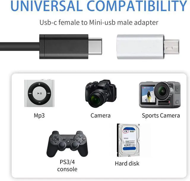 Alt view image 6 of 6 - USB Mini to USB C Adapter, Mini USB to USB C, 480 Mbps USB C Female to Mini USB Male Adapter, USB C to Mini USB 2.0 Adapter for Data Syncing and Charging. (Silver)