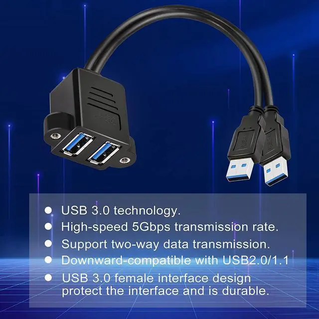 Alt view image 3 of 6 - Dual USB 3.0 Cable with Panel Mount Screw Hole, 2 Ports USB 3.0 Male to Female Extension Cable, Suitable for Family, Classroom, Office, Conference, Entertainment and More Occasions (0.3m)
