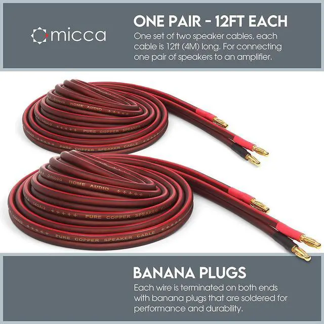 Alt view image 2 of 4 - Micca 14 Gauge Pure Copper Speaker Wire, 12 Feet 2 Pack, Gold Plated Banana Plugs, Soldered Construction, Slim Design, 245 Strands, for Stereo or Home Theater, 4 Meters Pair