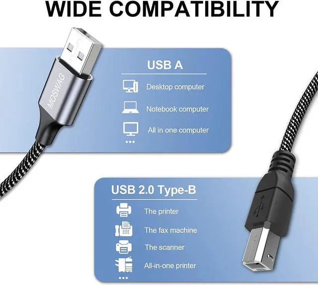 Alt view image 2 of 6 - USB Printer Cable 5FT/1.5Meter Scanner Cable USB Printer Cord Type A to Type B Durable USB 2.0 Scanner Cord High Speed for and More