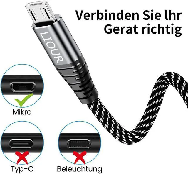 Alt view image 3 of 6 - Micro USB Cable Android, USB to Micro2.0 Cable (2er-Pack, 3 m), Nylon Braided Fast Charging Cable, Compatible with Samsung, Kindle, Android Phones, Galaxy S7 Edge, Moto G5, PS4 (Black).