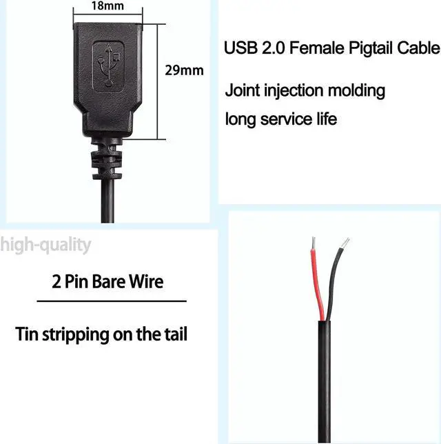 Alt view image 2 of 7 - USB 2.0 Female Pigtail Cable Extension Power Cable 22AWG 5V 3A USB A Socket to 2 Pin Bare Wire Open End Connector for DIY-2 Pcs (1M)