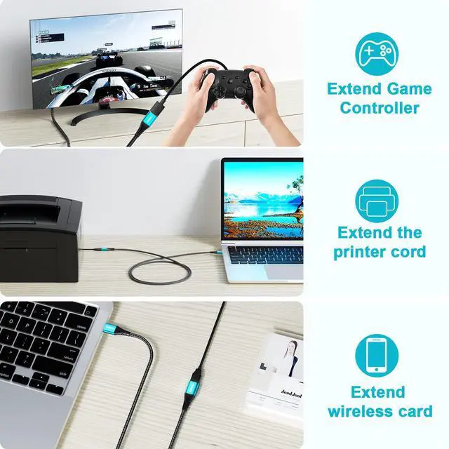 Alt view image 5 of 7 - USB Extension Cable 6.6FT Type A Male to Female USB 3.0 Extender Cord C High Data Transfer Compatible with Webcam, Gamepad, USB Keyboard, Flash Drive, Printer, Xbox, Oculus VR(Light Blue 1 Pack)
