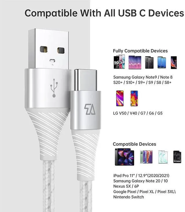 Alt view image 6 of 7 - T USB Type C Cable, USB C Cable 6ft, Cotton Braided USB-C to USB-A Fast Charging Type C Cable for MacBook(Pro), Galaxy S9/S20/S10/S8 and Other USB C Charge (Sliver), Silver (C0118WS)