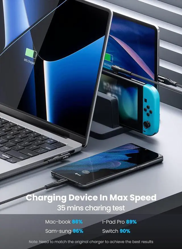 Alt view image 5 of 7 - 240W USB C to USB C Cable - F 1 Pack 10ft PD 3.1 USB 2.0 Type C 5A Fast Charging Charger Cable Right Angle Nylon Braided Compatible with Surface Book 2,Google Pixel 6 Pro, Mac-Book Pro Charger