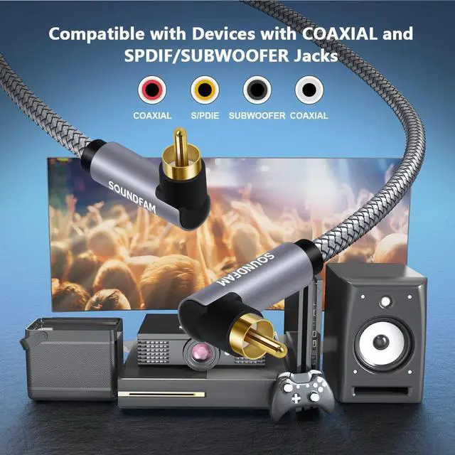 Alt view image 2 of 7 - Subwoofer Cable S Double 90 Degree RCA to RCA Audio Cable [24K Gold-Plated,Hi-Fi Sound] Right Angle RCA Coaxial Cable for Home Theater,Subwoofer,Hi-Fi Systems-Grey (3.3Feet/1M)