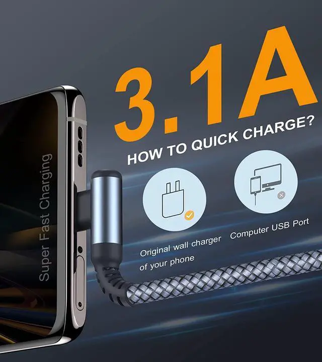 Alt view image 2 of 6 - USB C to USB C Fast Charging Cable, [2 Pack 6.6FT] S 60W 20V/3.1A USB C PD/QC Fast Charge Nylon Braided Cord 90 Degree for Samsung Galaxy Note 10 S20 Plus, Google Pixel 2/3/4 XL,iPad pro 2025