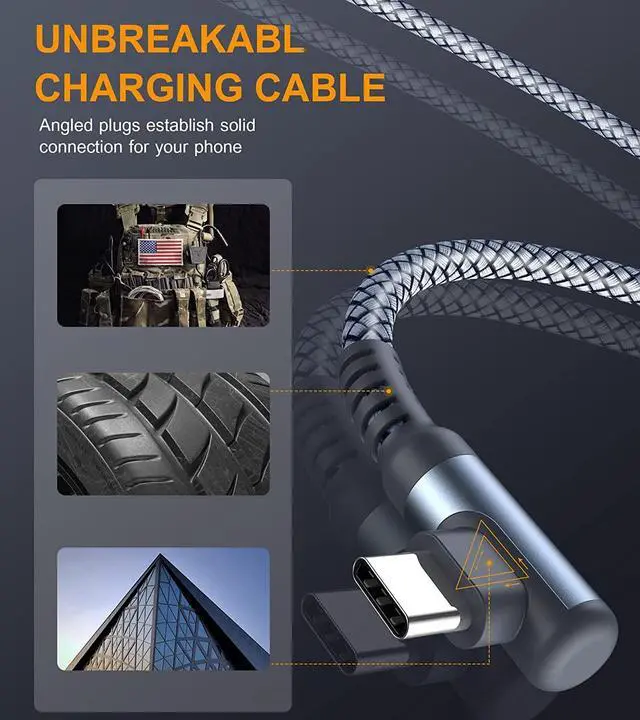 Alt view image 3 of 6 - USB C to USB C Fast Charging Cable, [2 Pack 6.6FT] S 60W 20V/3.1A USB C PD/QC Fast Charge Nylon Braided Cord 90 Degree for Samsung Galaxy Note 10 S20 Plus, Google Pixel 2/3/4 XL,iPad pro 2025