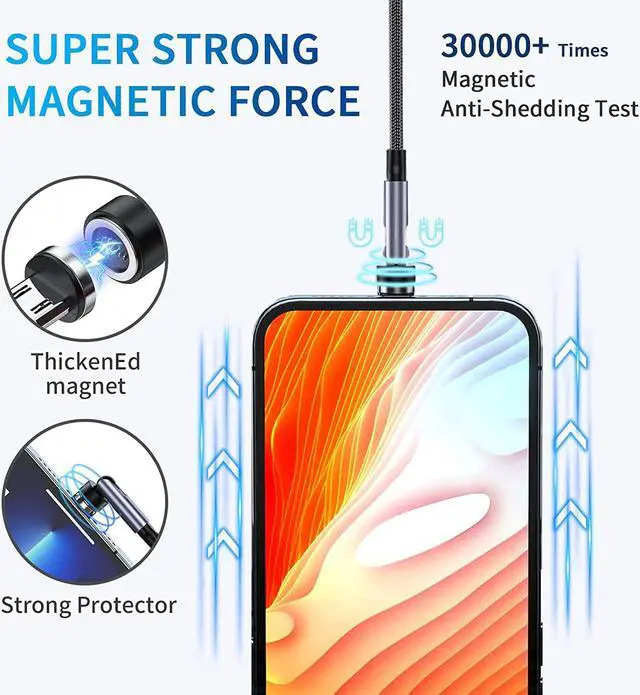 Alt view image 3 of 7 - HYDOOD 540° Rotation Magnetic Charging Cable (5-Pack,10/6.6/6.6/3.3/3.3FT), 3 in 1 Magnetic Phone Charger with LED Light Compatible with Micro USB, Type C and iProduct Device Black Nylon-Braided Cord