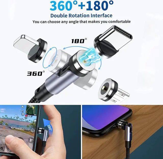 Alt view image 2 of 7 - HYDOOD 540° Rotation Magnetic Charging Cable (5-Pack,10/6.6/6.6/3.3/3.3FT), 3 in 1 Magnetic Phone Charger with LED Light Compatible with Micro USB, Type C and iProduct Device Black Nylon-Braided Cord