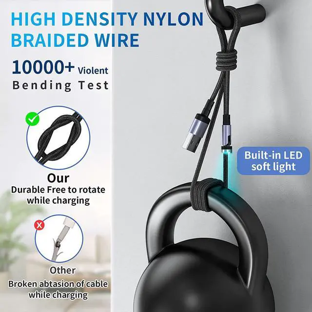 Alt view image 4 of 7 - HYDOOD 540° Rotation Magnetic Charging Cable (5-Pack,10/6.6/6.6/3.3/3.3FT), 3 in 1 Magnetic Phone Charger with LED Light Compatible with Micro USB, Type C and iProduct Device Black Nylon-Braided Cord
