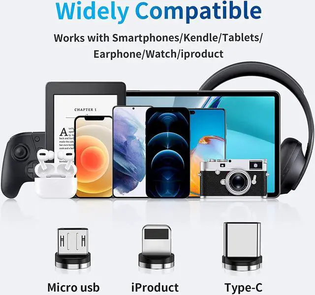 Alt view image 7 of 7 - HYDOOD 540° Rotation Magnetic Charging Cable (5-Pack,10/6.6/6.6/3.3/3.3FT), 3 in 1 Magnetic Phone Charger with LED Light Compatible with Micro USB, Type C and iProduct Device Black Nylon-Braided Cord