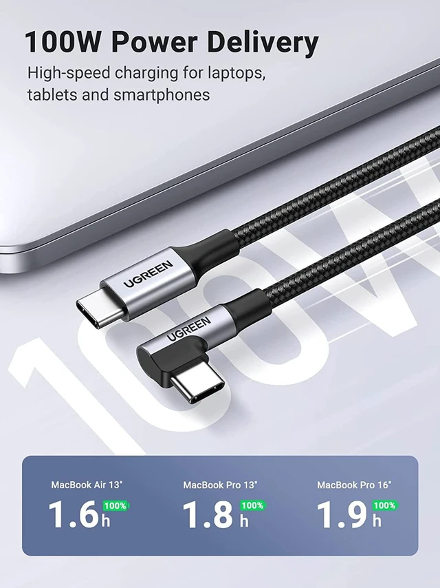 Alt view image 2 of 7 - UGREEN USB C to USB C Cable 100W, Right Angle USB Type C Charging Cable 90 Degree PD Fast Charging Cord for iPhone 15 Pro, MacBook Pro Air, iPad Pro, XPS 17, Galaxy S24, PS5 Controller, 6 Feet