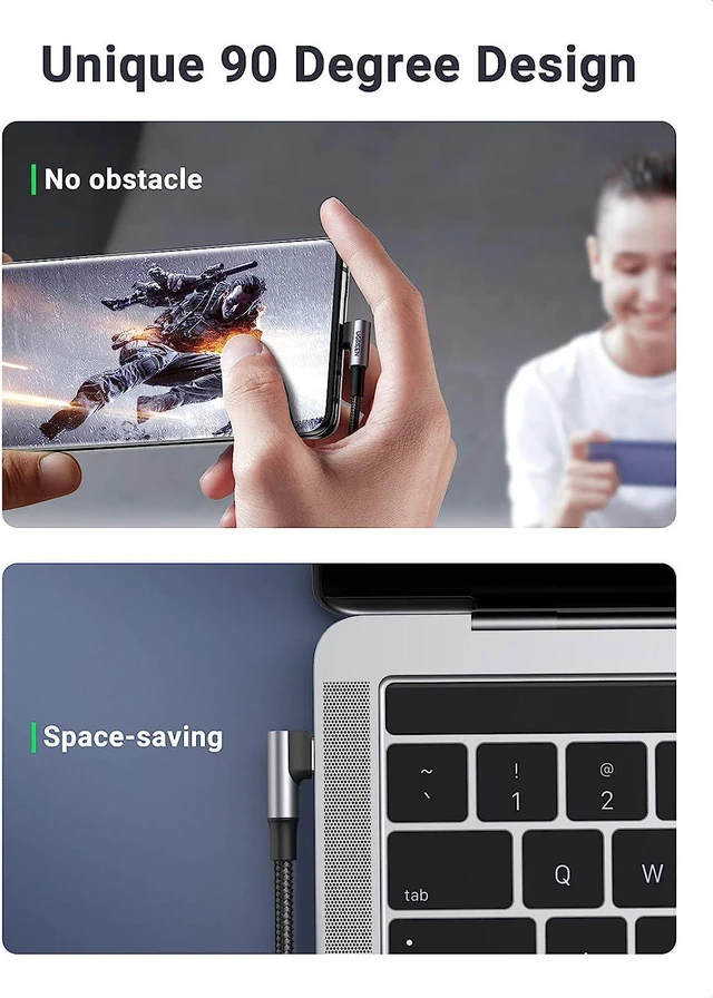 Alt view image 4 of 7 - UGREEN USB C to USB C Cable 100W, Right Angle USB Type C Charging Cable 90 Degree PD Fast Charging Cord for iPhone 15 Pro, MacBook Pro Air, iPad Pro, XPS 17, Galaxy S24, PS5 Controller, 6 Feet
