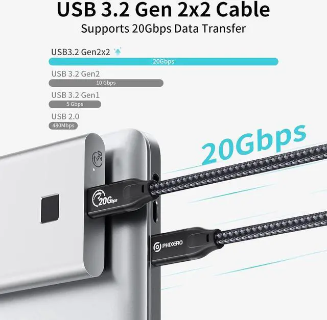 Alt view image 5 of 7 - USB C to USB C 100W Cable(20Gbps, 10ft), PHIXERO USB 3.2 Gen 2x2 Cable, Supports 4K Video Output, Compatible with Thunderbolt 3 MacBook Pro, Samsung Galaxy S22/21/20, iPad Pro