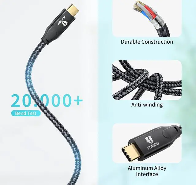 Alt view image 6 of 7 - USB C to USB C 100W Cable(20Gbps, 10ft), PHIXERO USB 3.2 Gen 2x2 Cable, Supports 4K Video Output, Compatible with Thunderbolt 3 MacBook Pro, Samsung Galaxy S22/21/20, iPad Pro