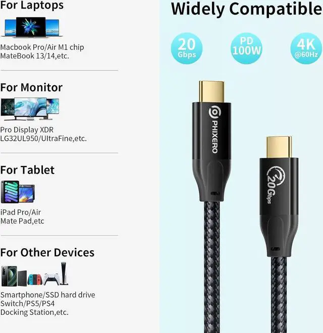 Alt view image 7 of 7 - USB C to USB C 100W Cable(20Gbps, 10ft), PHIXERO USB 3.2 Gen 2x2 Cable, Supports 4K Video Output, Compatible with Thunderbolt 3 MacBook Pro, Samsung Galaxy S22/21/20, iPad Pro