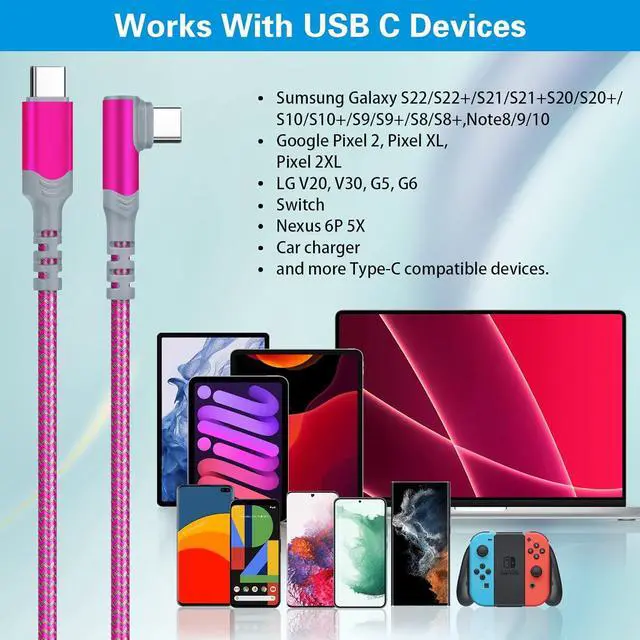 Alt view image 7 of 7 - USB C to USB C Cable3Pack 10ft, Canjoy 60W 3A Type C Cable 90° Right Angle PD Charger Fast Charging Cable Nylon Braided Cord Compatible with MacBook Pro, iPad Air/Pro, Samsung Galaxy S22/S21/S20