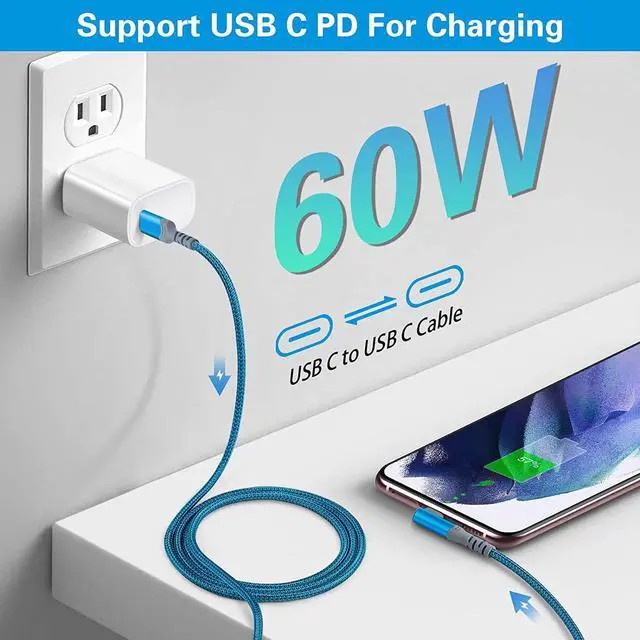 Alt view image 3 of 7 - USB C to USB C Cable3Pack 10ft, Canjoy 60W 3A Type C Cable 90° Right Angle PD Charger Fast Charging Cable Nylon Braided Cord Compatible with MacBook Pro, iPad Air/Pro, Samsung Galaxy S22/S21/S20