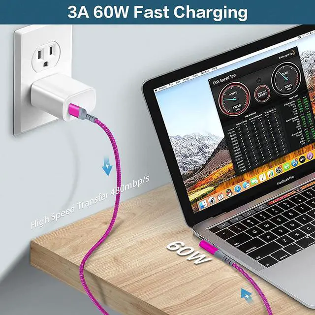 Alt view image 3 of 7 - 60W Type C Cable4Pack 10ft, Canjoy USB A to USB-C Cable 90° Right Angle Fast Charging Cable Nylon Braided Never Rupture Cord Compatible with Samsung Galaxy S22/S21/Note20(Green Blue Rose Purple)