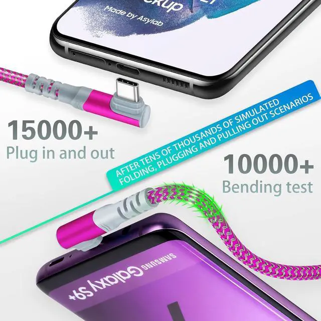 Alt view image 6 of 7 - 60W Type C Cable4Pack 10ft, Canjoy USB A to USB-C Cable 90° Right Angle Fast Charging Cable Nylon Braided Never Rupture Cord Compatible with Samsung Galaxy S22/S21/Note20(Green Blue Rose Purple)