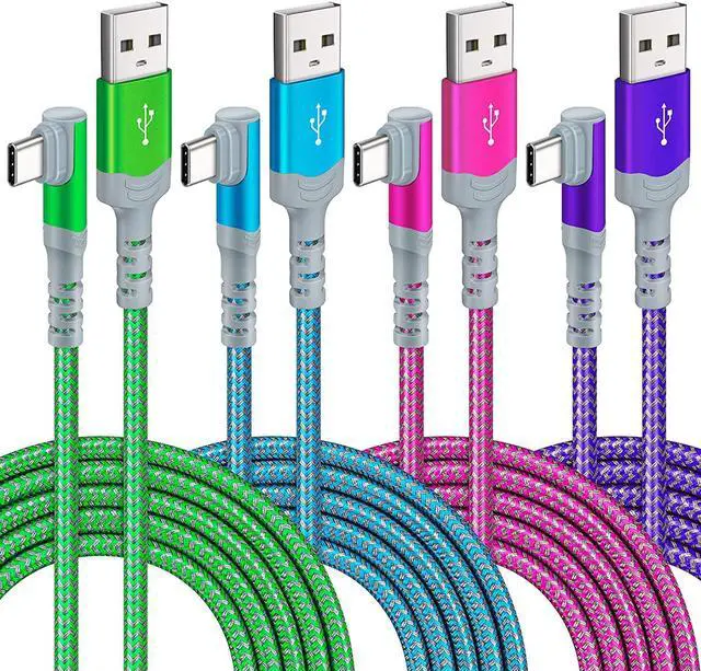 Main image of 60W Type C Cable4Pack 10ft, Canjoy USB A to USB-C Cable 90° Right Angle Fast Charging Cable Nylon Braided Never Rupture Cord Compatible with Samsung Galaxy S22/S21/Note20(Green Blue Rose Purple)