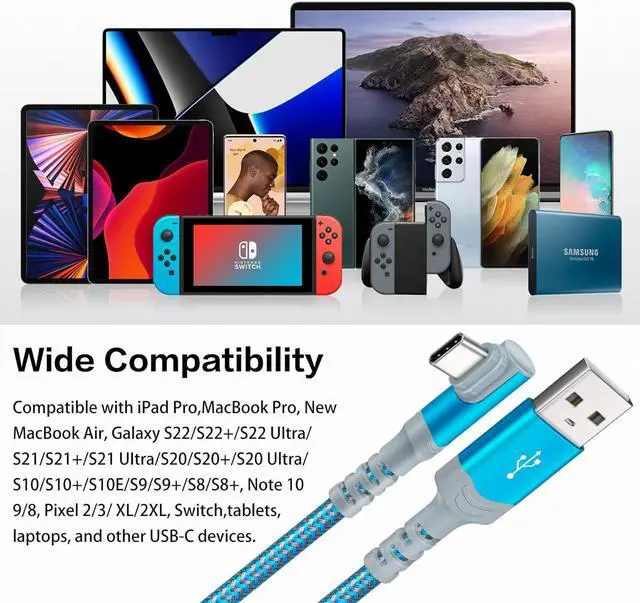 Alt view image 7 of 7 - 60W Type C Cable4Pack 10ft, Canjoy USB A to USB-C Cable 90° Right Angle Fast Charging Cable Nylon Braided Never Rupture Cord Compatible with Samsung Galaxy S22/S21/Note20(Green Blue Rose Purple)