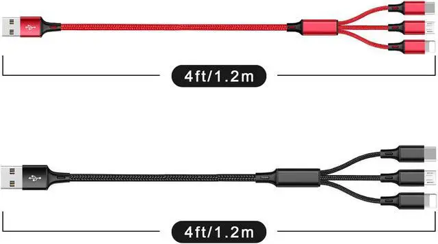 Alt view image 3 of 6 - Multi Charging Cable 4ft 2Pack Multi Phone Charger Cable Braided Universal 3 in 1 Charging Cord Extra Long Multiple USB Cable with USB C Micro USB Port Connectors for Cell Phones and MoreRed+Black)