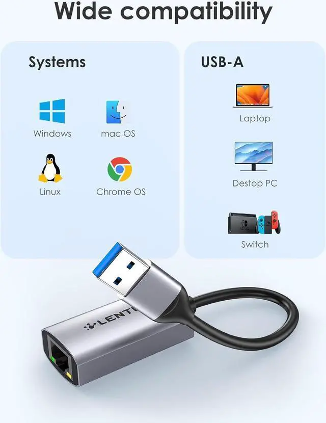 Alt view image 4 of 7 - LENTION USB 3.0 Type A to Gigabit Ethernet Adapter, 1000M RJ45 Wired LAN Network Converter Compatible with Nintendo Switch, MacBook Pro/Air, Surface, Chromebook, Most Windows Laptops (HU604, Gray)