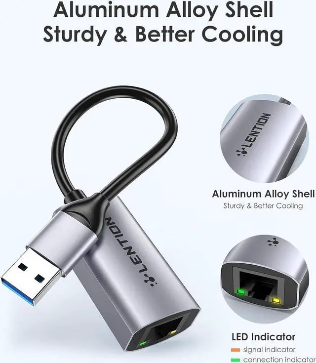 Alt view image 3 of 7 - LENTION USB 3.0 Type A to Gigabit Ethernet Adapter, 1000M RJ45 Wired LAN Network Converter Compatible with Nintendo Switch, MacBook Pro/Air, Surface, Chromebook, Most Windows Laptops (HU604, Gray)