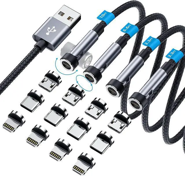 Main image of Ankndo 540° Rotation Magnetic Charging Cable, 3 in 1 Phone Charger [4-Pack, 3ft/3ft/6ft/10ft] 3A Fast Cable Support Data Transfer USB Magnet for iPhone/Micro USB/Type C Device