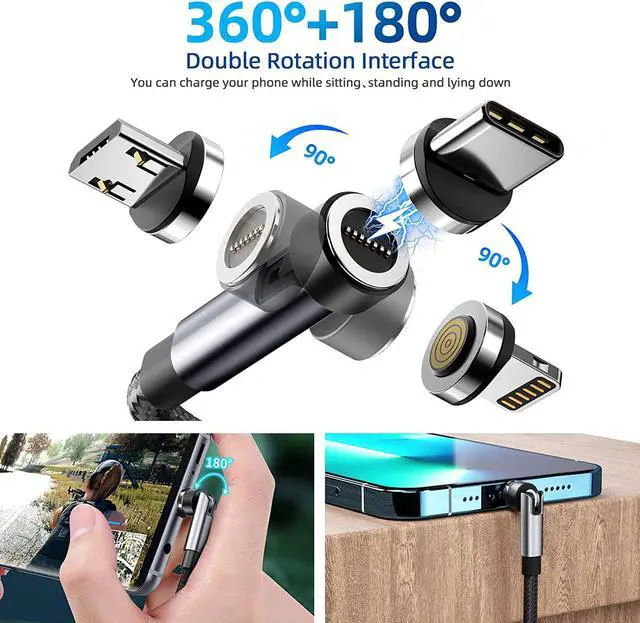Alt view image 2 of 7 - Ankndo 540° Rotation Magnetic Charging Cable, 3 in 1 Phone Charger [4-Pack, 3ft/3ft/6ft/10ft] 3A Fast Cable Support Data Transfer USB Magnet for iPhone/Micro USB/Type C Device
