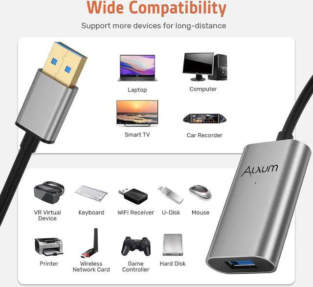 Alt view image 4 of 7 - Alxum 32 Feet Active USB Extension Cable 3.0 Male to Female with 2 Extension chipsets Signal Booster, Long USB Extender Cord 10 Meters for Camera,Printer,Webcam,Telescope,Mouse,with 5V2A Power Adapter