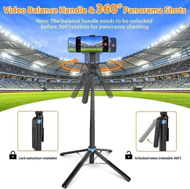 Alt view image 3 of 7 - Eocean 71" Tall Selfie Stick Tripod Quadripod with Remote & with 360° Ballhead, Aluminum Alloy Extendable Cell Phone Tripod Stand, Travel Tripod Phone Holder Compatible with iPhone/Android/GoPro