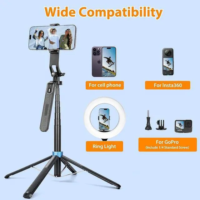Alt view image 6 of 7 - Eocean 71" Tall Selfie Stick Tripod Quadripod with Remote & with 360° Ballhead, Aluminum Alloy Extendable Cell Phone Tripod Stand, Travel Tripod Phone Holder Compatible with iPhone/Android/GoPro