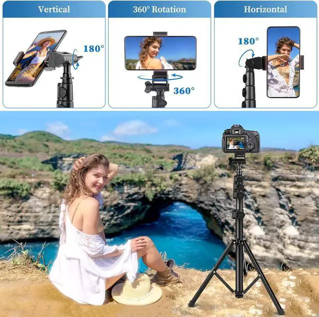 Alt view image 5 of 7 - Phone Tripod, 70" Selfie Stick Tripod Stand Cell Phone Tripods with Remote Phone Holder Carry Bag, Aluminum Alloy Selfie Stick Tripods, Compatible with iPhone Samsung GoPro Smartphone