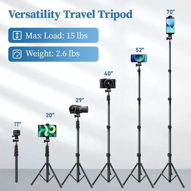 Alt view image 6 of 7 - Phone Tripod, 70" Selfie Stick Tripod Stand Cell Phone Tripods with Remote Phone Holder Carry Bag, Aluminum Alloy Selfie Stick Tripods, Compatible with iPhone Samsung GoPro Smartphone