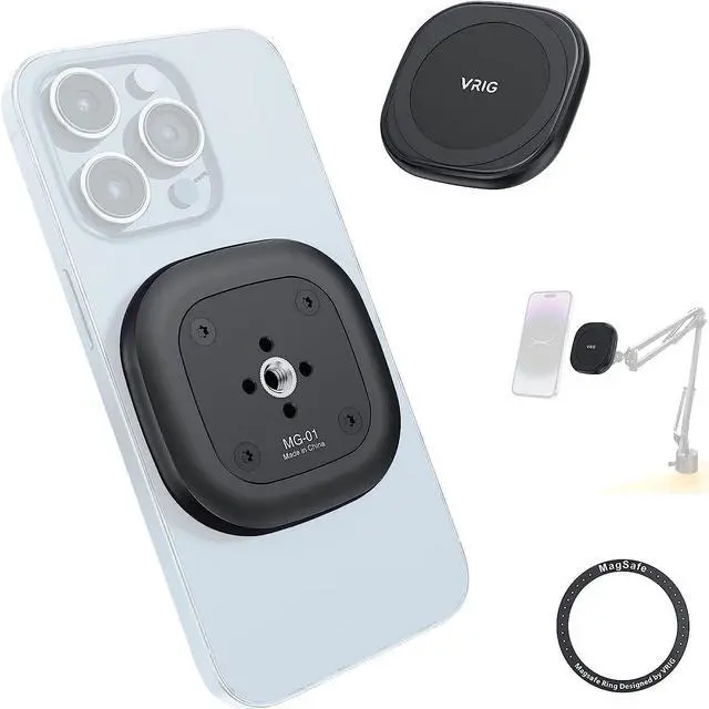Main image of VRIG MG-01 Magnetic Tripod Mount,1/4" Tripod Adapter w Magnetic Ring, Multiple Locating Holes for ARRI,Compact Size for iPhone 16/15/14/13/12 Series & All Phones & Cases