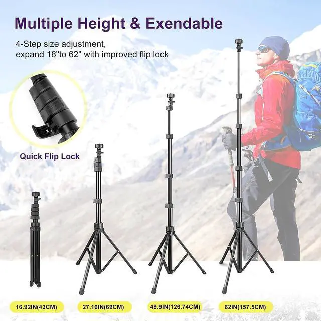 Alt view image 3 of 7 - UBeesize 62" Phone Tripod & Selfie Stick, Camera Tripod Stand with Wireless Remote and Phone Holder,Compatible with iPhone Android Phone, Perfect for Selfies/Video Recording/Live Streaming Black
