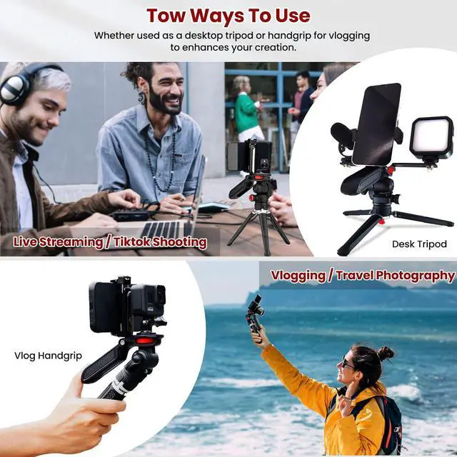 Alt view image 4 of 6 - Mini Tripod for Camera, Small Camera Stand Tripod Phone Holder for Video Recording Vlogging Handle Grip with Cell Phone Mount, Cold Shoe Selfie Stick for iPhone Webcam Projector Camera