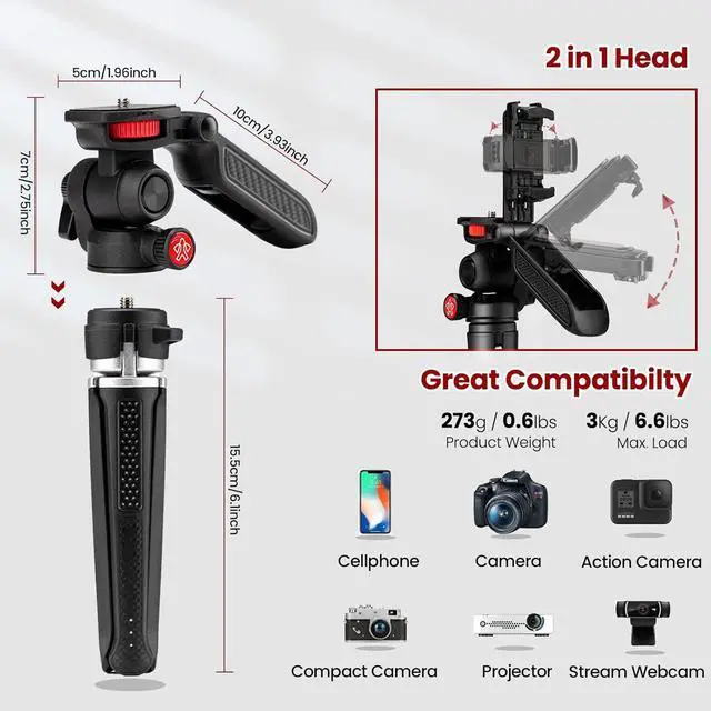 Alt view image 5 of 6 - Mini Tripod for Camera, Small Camera Stand Tripod Phone Holder for Video Recording Vlogging Handle Grip with Cell Phone Mount, Cold Shoe Selfie Stick for iPhone Webcam Projector Camera