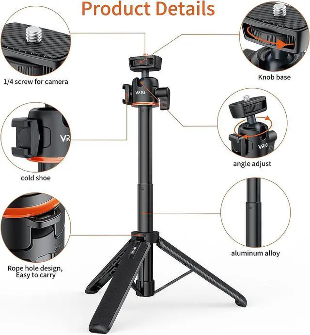 Alt view image 4 of 7 - VRIG 20.1" Mini Extendable Camera Tripod 360° Ball Head Camera Tripod 4 Levels Adjustment with Cold Shoe Selfie Stick Tripod for 1/4" Action Camera