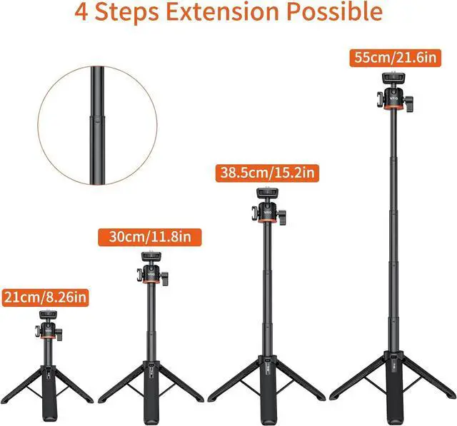 Alt view image 3 of 7 - VRIG 20.1" Mini Extendable Camera Tripod 360° Ball Head Camera Tripod 4 Levels Adjustment with Cold Shoe Selfie Stick Tripod for 1/4" Action Camera