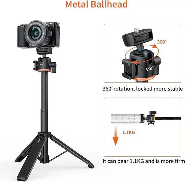 Alt view image 5 of 7 - VRIG 20.1" Mini Extendable Camera Tripod 360° Ball Head Camera Tripod 4 Levels Adjustment with Cold Shoe Selfie Stick Tripod for 1/4" Action Camera