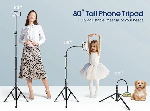 Alt view image 3 of 7 - Elitehood 6.7 Feet Tall Phone Tripod, Heavy Duty Metal iPhone Tripod Stand with Remote, 17" Gooseneck Overhead Tripod for iPhone 15 14 13 Pro Max / 13 Pro / 13 12 11, Android Cell Phone Black