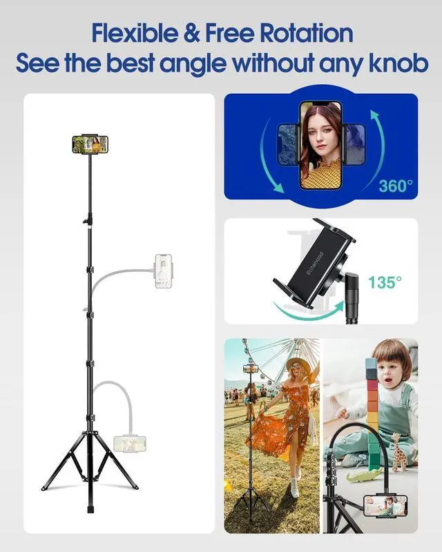 Alt view image 4 of 7 - Elitehood 6.7 Feet Tall Phone Tripod, Heavy Duty Metal iPhone Tripod Stand with Remote, 17" Gooseneck Overhead Tripod for iPhone 15 14 13 Pro Max / 13 Pro / 13 12 11, Android Cell Phone Black
