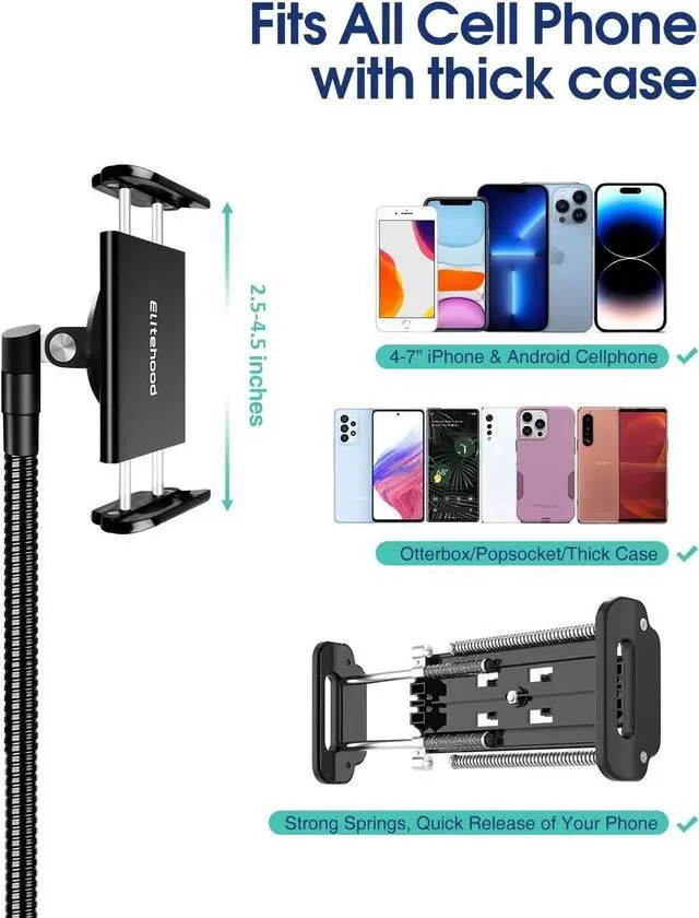Alt view image 6 of 7 - Elitehood 6.7 Feet Tall Phone Tripod, Heavy Duty Metal iPhone Tripod Stand with Remote, 17" Gooseneck Overhead Tripod for iPhone 15 14 13 Pro Max / 13 Pro / 13 12 11, Android Cell Phone Black