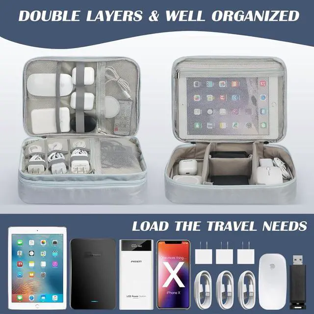 Alt view image 2 of 7 - C Large Electronic Organizer, Double Layer Portable Waterproof Travel Cable Organizer Bag Pouch for Electronics Accessories, Travel Storage Bag for Tablet,Cable,Cord,Charger,Earphones(Grey)